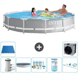 Intex Round Prism Frame Swimming Pool – 366 x 76 cm – Grau – inklusive Pumpe Abdeckung - Wartungspaket - Filter - Reinigungskit - Bodenfliese...