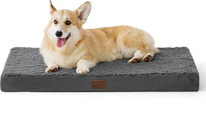 BEDSURE Orthopädisches Hundebett mit Wirbelsäulenunterstützung, mittlerer Halt – 89 x 56 x 7,6 cm, flauschig, waschbar, Tiefschwarz, für mittelgroße Hunde