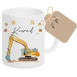 Manufaktur Liebevoll Tasse mit Namen Kinder Kindertasse mit Namen Becher Keramik Mädchen Junge Namenstasse Bagger Fahrzeug Geschenk