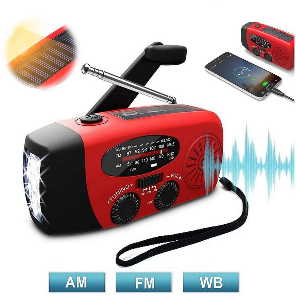 CALIYO Notfall-Solarradio, Solar Selbstbetriebenes Kurbelradio Radio (Laden Sie Ihr Telefon auf, Radio, anstrahlend, Solar, mit LED-Taschenlampe, Radio für Notladung von Smartphone) rot