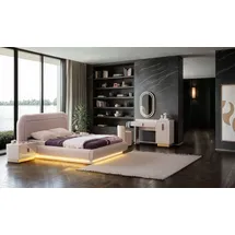 JVmoebel Designer Bett Set mit Nachttisch und Schminktisch, mit Spiegel für Schlafzimmer