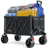 COMLAX FIELD Bollerwagen Faltbar 200L 200KG, Faltbarer Bollerwagen mit Breiten Rädern, Strandwagen Klappbar mit Bremsen, Handwagen Schwarz