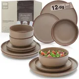 sänger Bombay Oak | Geschirrset 12 teilig, Steingut Geschirr 4 Personen, 4x Speiseteller 4x Dessertteller 4x Schalen, Teller Set bunt | VALUE COLLECTION