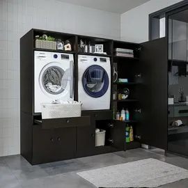 roomart Serie 1 Waschmaschinen-Schrankwand 194 cm Schwarz/Eiche Holz, Metall, Spanplatte