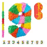 relaxdays Papierdekoration 3-teiliges Pinata Set Zahl 9 gelb|grün|orange