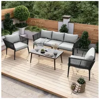 Flieks Gartenlounge-Set, 5-Sitzer Gartenmöbel-Set Balkonset mit geflochtenen Seilarmlehnen grau