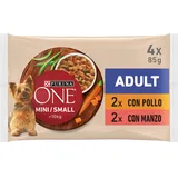 Purina ONE Mini <10 kg Nassfutter für kleine Hunde mit Huhn und Ochse, 12 Packungen mit 4 Beutel à 85 g – 48 Beutel