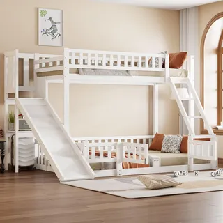 Merax Etagenbett Kinderbett 90x200 und 140x200, Hochbett mit Rutsche und Stufen, Mehrere Regale, Bettgestell mit Lattenrost und Ausziehbare kleine Tür(ohne Matratze), Weiß