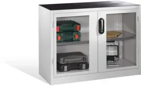 C+P Werkzeug-Beistellschrank mit Sichtfenster-Drehtüren, 1 Boden, H1000xB1200xT500mm Front Lichtgrau Korpus Lichtgrau