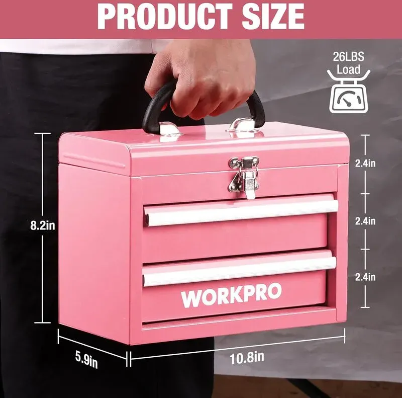 WORKPRO Tragbare Mini-Stahlbox mit 2 Schubladen (verbesserte Kugellagergleiter, mit Schlüssel und Griff) - Pink