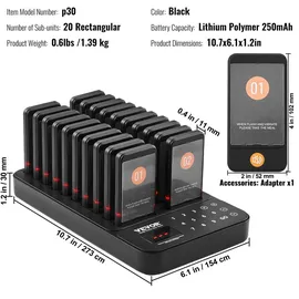 Vevor Restaurant-Pager-System, kabelloses Warteschlangensignal mit 400 m Reichweite, Piepser zur Rufannahme von Gästen mit Vibration und Blinken, 20 Pager für Imbisswagen, Kirche, Kindergarten