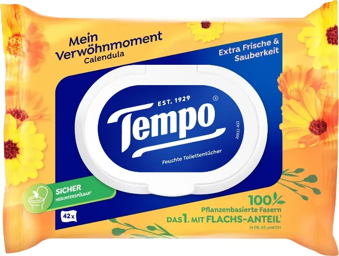 Tempo Feuchtes Toilettenpapier Calendula und Kamille 16 Packungen × 42 Tücher (1 Packung = 42 Tücher) Familienpackung