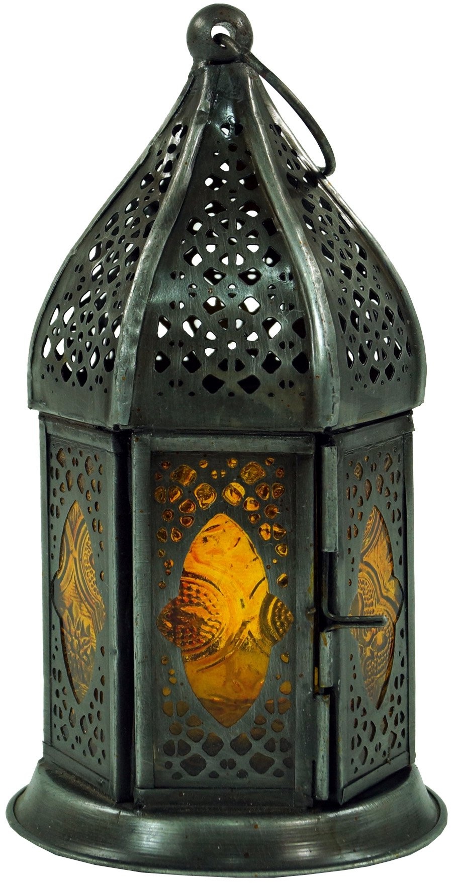 GURU SHOP Orientalische Metall/Glas Laterne in Marrokanischem Design, Windlicht, Gelb, Farbe: Gelb, 18x7x7 cm, Orientalische Laternen