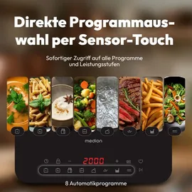 Medion IC10S Induktionskochplatte, 1 Platte Induktionskochfeld, extra flach, 2100 Watt, 1 Kochplatte, 8 Automatikprogramme und DIY, LED Display, Touchbedienung, Kristallglas-Oberfläche