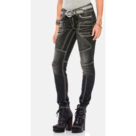 Cipo & Baxx Jeans Damen, Gr. 30, Länge 32, schwarz, 85% Baumwolle, 14% Polyester, 1% Elasthan, unifarben, slim fit lang, Jeans Slim-fit-Jeans, mit extravagantem Nahtdesign, WD382