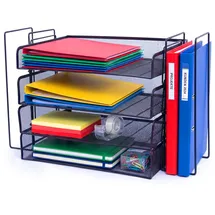 Relaxdays Briefablage, Metall, 4 Fächer, 2 Stehsammler, HxBxT: 30 x 49,5 x 24,5 cm, Schreibtisch Organizer, Schwarz
