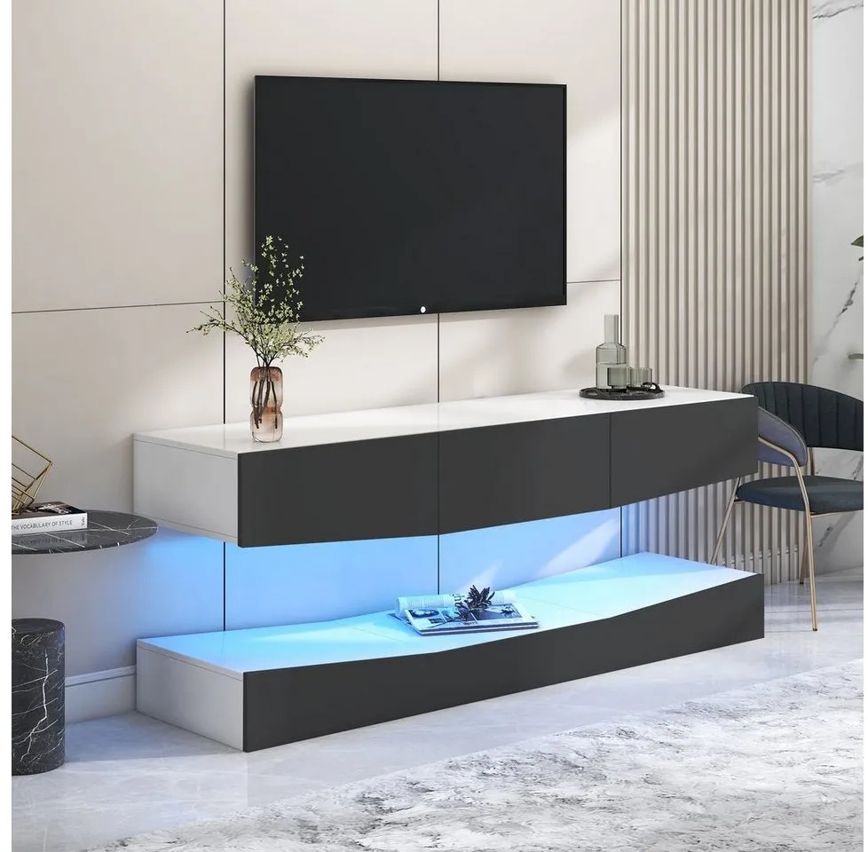 HAUSS SPLOE TV-Schrank TV Board Hochglanz Hängend TV Stand TV Schank (Wand befestigter schwimmender TV-Ständer Unterhaltungs, mit LED-Beleuchtung TV Schrank Hängend) Medienkonsolen-Center für Wohnzimmer Home grau|weiß