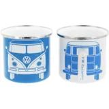 VW Collection - Volkswagen 2er Set Emaille Kaffee-Tee-Cappuccino-Tasse-Becher-Haferl Mug für Camping & Outdoor T1 Bus (350 ml x2/Blau & Weiß)