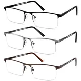 JJWELL 3 STÜCKE Lesebrille Herren Mit Blaulichtfilter, Blaulicht Herren Lesebrille, Rechteckige Halb Metall Lesebrillen Lesehilfe, Anti-Augenbelastung/UV, Anti-Blaulicht Brille Mit Sehstärke 1,75