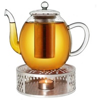 Creano Teekanne aus Glas 1,5l + ein Stövchen aus Edelstahl, 3-teilige Glasteekanne mit integriertem Edelstahl Sieb und Glasdeckel, ideal zur Zubereitung von losen Tees, tropffrei