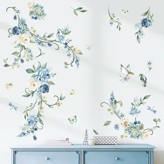 wondever Wandtattoo Blumen Rosen Blau Wandaufkleber Hängende Blumen Rebe Wandsticker Wanddeko für Wohnzimmer Schlafzimmer Sofa Hintergrund