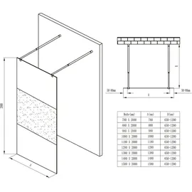 doporro Duschwand Duschtrennwand 100x200 Walk-In Dusche schwarz mit Doppel-Stabilisator aus Echtglas 8mm ESG-Sicherheitsglas Milchglas-Streifen