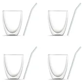 BEM 8-er Gläser Set: 4 x Doppelwandige Cappuccino Eiscafe Kaffeegläser Teegläser, für heiße und kalte Getränke (je 330 ml, und 4 x Glasstrohhalme