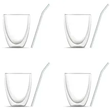 BEM 8-er Gläser Set: 4 x Doppelwandige Cappuccino Eiscafe Kaffeegläser Teegläser, für heiße und kalte Getränke, (je 330 ml) und 4 x Glasstrohhalme