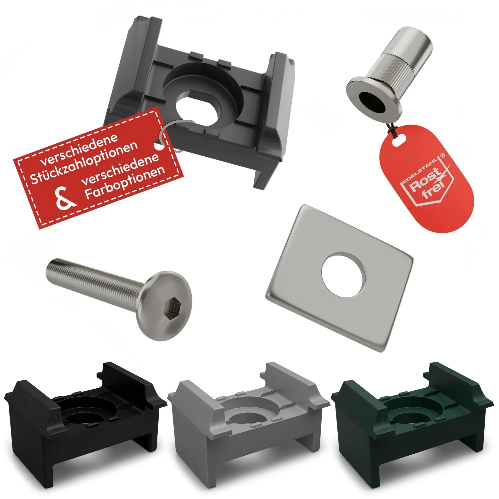 80 Stück – Qualinos Schwerlast-Befestigungsset Anthrazit: Klemmbock mit Führungsnasen für 40 mm Pfosten + 3 mm V2A-Klemmplatte + M8x40 ISK-Schraube + M8 Blindnietmutter Edelstahl.