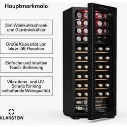 Klarstein Bovella 55 Duo+ Weinkühlschrank | 2-in-1 | 55 Flaschen | 2 Zonen | 9 Regale | Touch Schwarz
