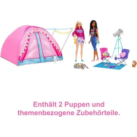Barbie Abenteuer zu zweit Camping-Spielset mit Zelt, 2 Puppen, Zubehör - Rosa