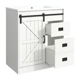 Yorbay Waschtisch 73 cm mit Keramikbecken Scheunentor und 3 Schubladen, Waschbeckenunterschrank und Waschbecken weißer Korpus, 60 kg belastbar weiß