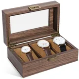 Uten Uhrenbox mit 3 Fächern, Uhrenbox mit Glasabdeckung, Uhrendisplay Aufbewahrungsbox für Damen und Herren, Schwarzes PU, Grau Samtfutter, Geschenkidee