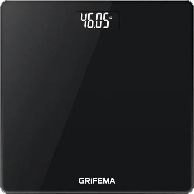 Grifema Digitale Personenwaage für Körpergewicht, Wiegen Badezimmerwaage, LCD-Display und Step-On-Technologie, 150kg/330lb, 26x26cm, Batterien Inklusive, Schwarz