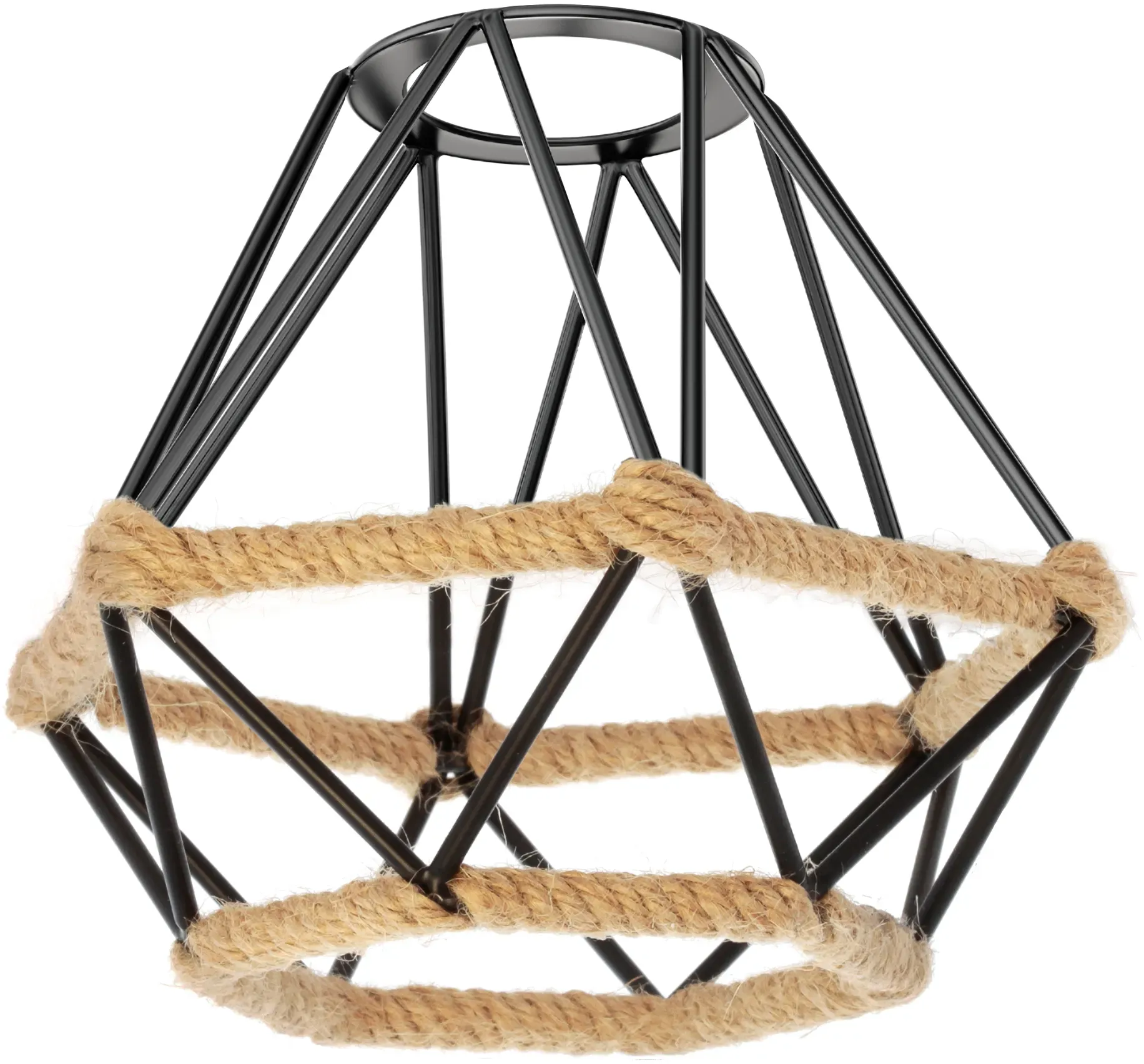 ledscom.de Käfig Lampenschirm mit Hanfseil, Diamant, schwarz, 155mm Ø