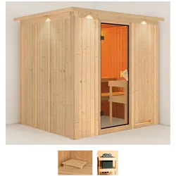 Sauna KARIBU "Dima", beige (naturbelassen), ohne Ofen, (ohne Ofen), Saunen, ohne Ofen