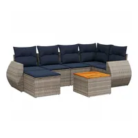 vidaXL 7-teiliges Gartensofa-Set mit Kissen, grau, Polyrattan - Grau