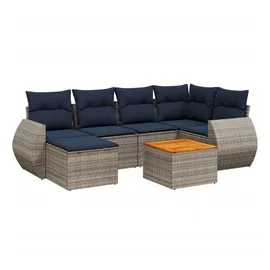vidaXL 7-teiliges Gartensofa-Set mit Kissen, grau, Polyrattan - Grau