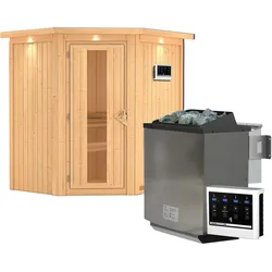 Karibu Sauna Taurin mit Eckeinstieg 68 mm-9 kW Bio-Kombiofen inkl. Steuergerät-Inkl. Dachkranz-Energiesparende Saunatür mit Glaseinsatz
