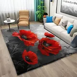 Quixora Teppich Wohnzimmer Roter Mohn, Blumig Kurzflor Moderner Schlafzimmer Teppich Grau Teppich Teppiche 120x170 cm, für Arbeitszimmer Büro Super Weich Anti-Rutsch Flauschiger Waschbar