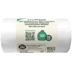 Müllbeutel EcoPlasta weiß 30 L 14 my 50 Stück 100% Recycling LDPE Material aus 100% Recycling, 500 x 600 mm