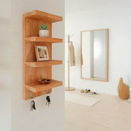 Relaxdays Wandregal Bad, mit 4 Ablagen & 2 Haken, Hängeregal Badezimmer & Küche, Natur