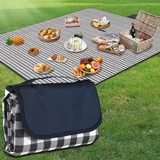 YAOMAISI Große Picknickdecke,200x200cm,große Stranddecke, Campingdecke,mit Griff,wasserdichte Unterseite,Maschinenwaschbar, Faltbare Wanderdecke,Tragbar (Blaues Gitter)