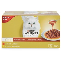 Holzdose Katze Essen Nass für Katzen Purina Gourmet Gold Mousse Über Rind 4x85gr
