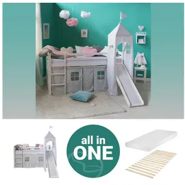 Homestyle4u Hochbett 90 x 200 cm Kiefer massiv weiß mit Rutsche und Vorhang Sterne grau