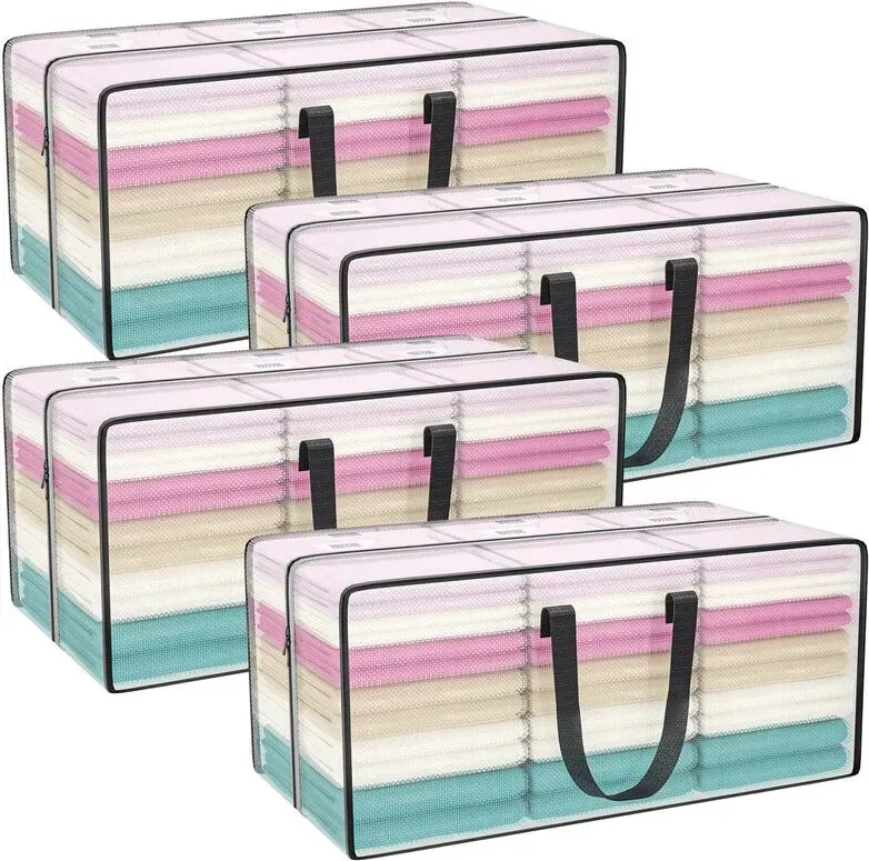 4er-Pack große Aufbewahrungstaschen mit Deckel, transparente Umzugskisten groß mit Reißverschluss und Griff, Kleideraufbewahrungstaschen für Umzug, Camping, Bettwäsche und Kleidung