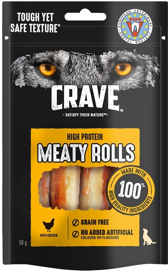 CRAVE Meaty Rolls Huhn 8x50g getreidefreies Protein-Leckerli für ausgewachsene Hunde