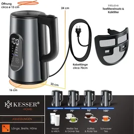 Kesser KESSER® Wasserkocher Edelstahl 1.7 Liter LED-Anzeige 4-Modi Temperatureinstellung 40°C-100°C 30min Warmhalten elektrischer Teekocher 2200W BPA-Frei Kalkfilter | Easy-Open-Deckel