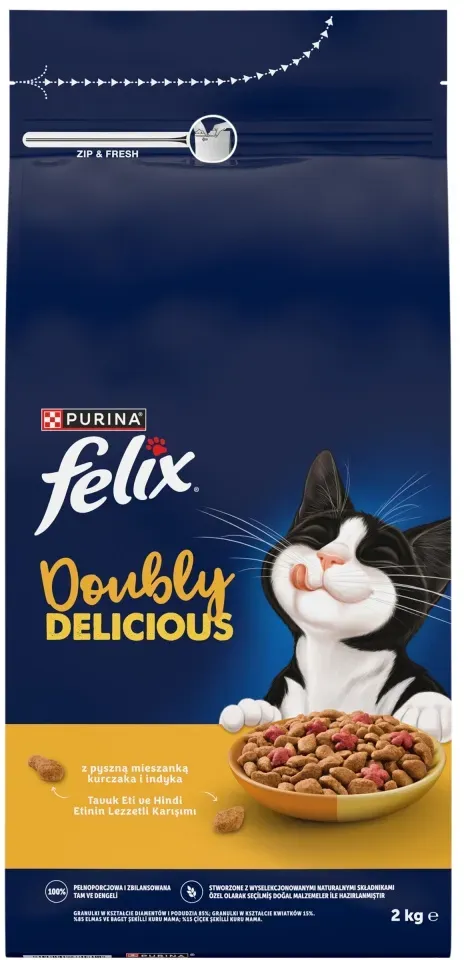 Felix Doubly Delicious Karma für ausgewachsene Katzen mit einer köstlichen Mischung aus Huhn und Truthahn 2kg