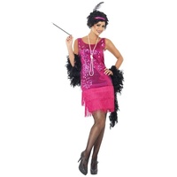 Smiffys Kostüm Pink Flapper 20er Jahre Kleid, Rosafarbenes Abendkleid für Damen der Goldenen 20er rosa L